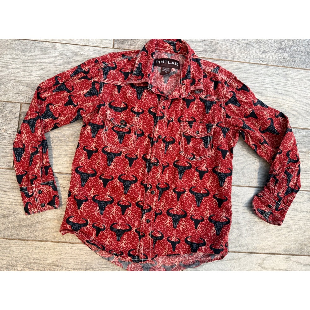 Pintlar Western Shirt Medium Pearl Snap Bull Skulls Steer AOP Boys Cowboy Red